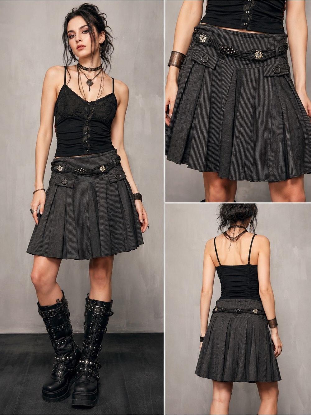 Tricotto | Gothic | Y2K | Pinstripe
Pleated Skirt w Belt | Size M | Steampunk